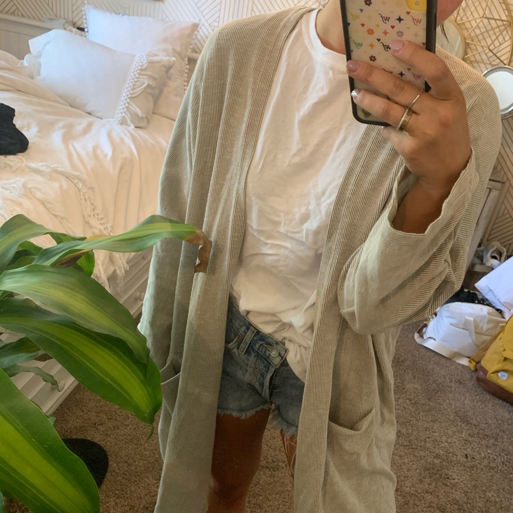 Grey and White Striped Kimono with Pockets